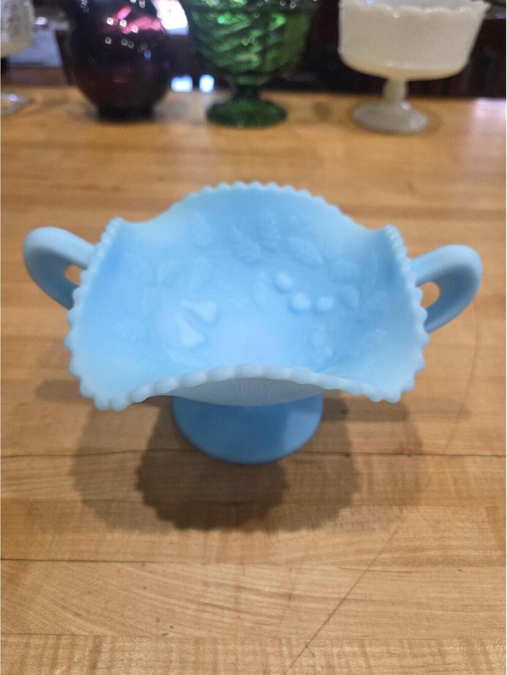 Vintage Fenton Blue Satin Glass Double Handled Bon Bon Dish Bowl Sticker 1970s